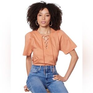 Evereve Allie orange lace-up poplin seamed cropped short sleeve shirt blouse